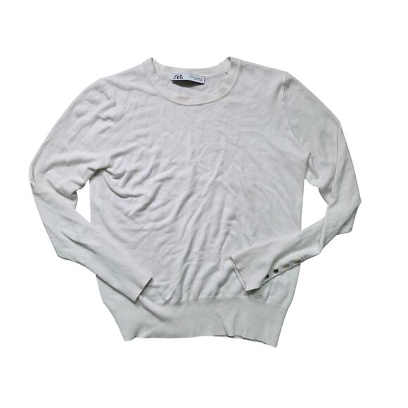 Zara Sweater Womens M Off White Button Sleeve Knit Pullover - Picture 1 of 8